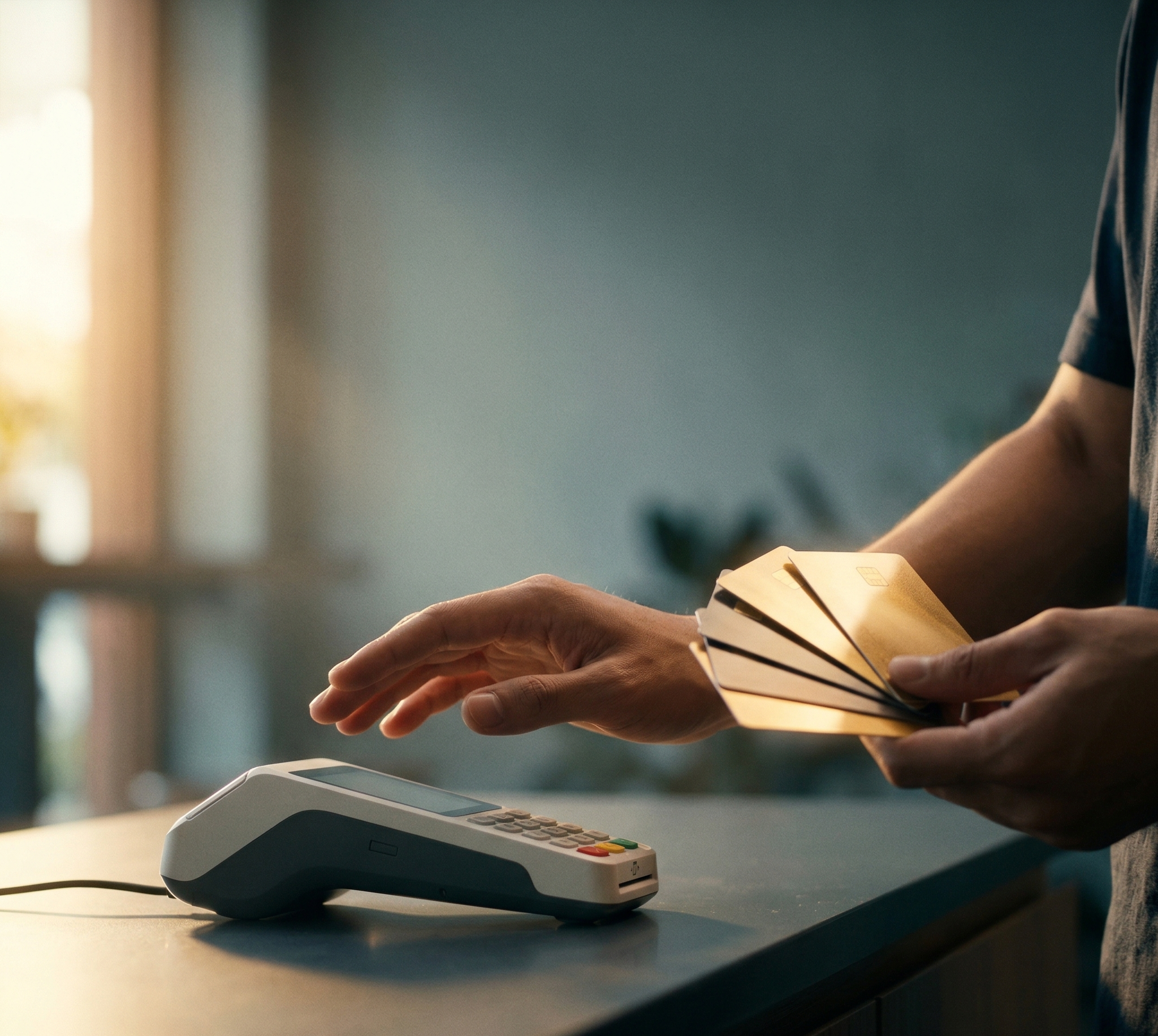 Hesitating at the payment terminal with multiple credit cards